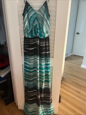 Parker Teal, Aqua and Black Striped V-Neck Maxi Dress